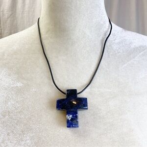 Chunky Sodalite Cross pendant on leather cord sterling clasp
